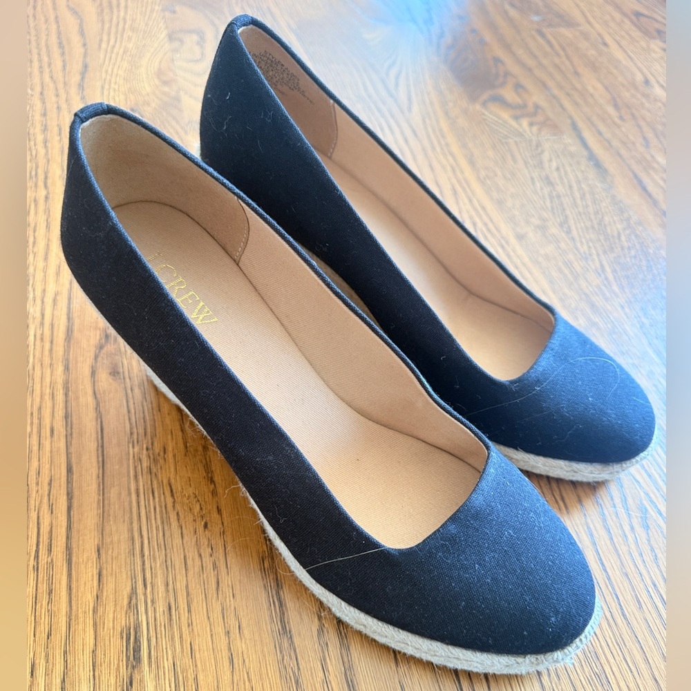 J. Crew Black Canvas Espadrille Wedge Pumps size 8 NWOT